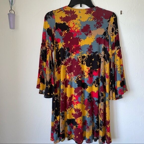 Rachel Pally Dark Foliage Golden Bell Sleeve V-Neck Mini Dress Size Small - Picture 7 of 8